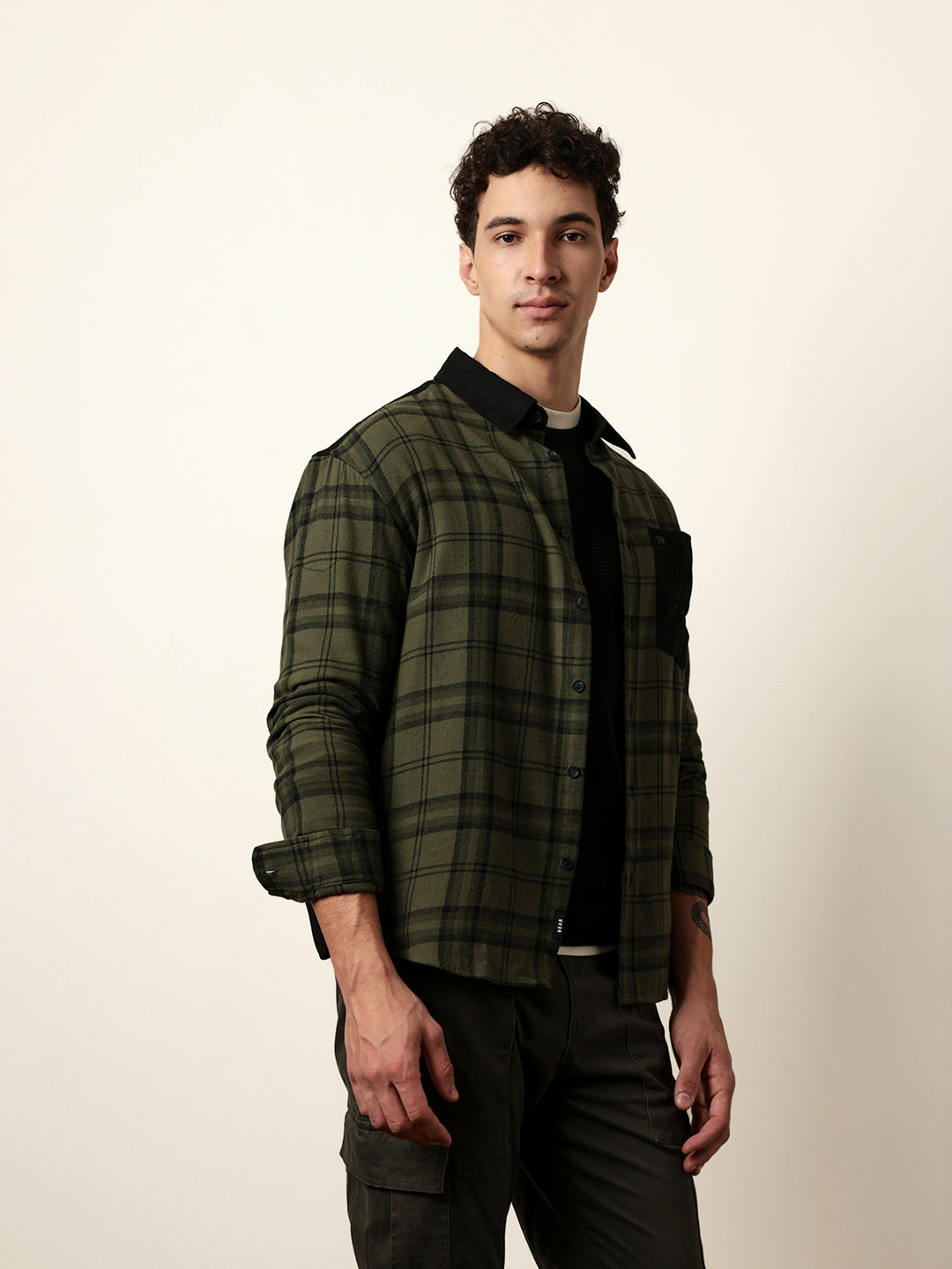 Olive Checked Relaxed Fit Overshirt with Solid Back