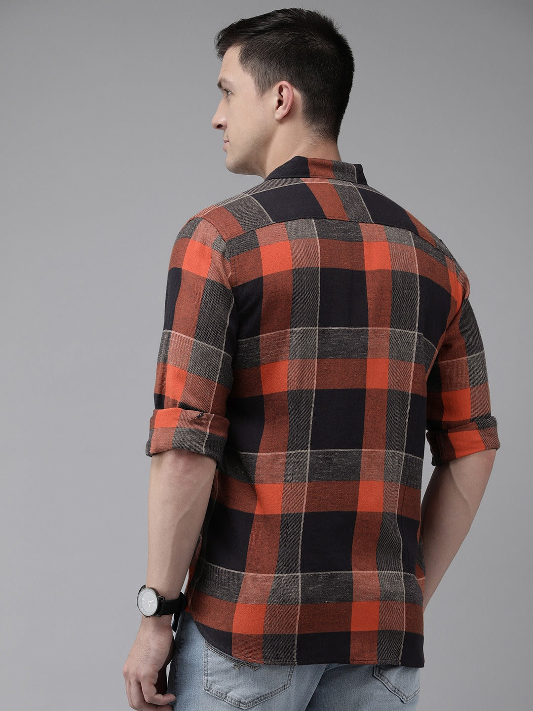 Men Orange & Navy Blue Buffalo Checked Slim Fit Pure Cotton Casual Shirt