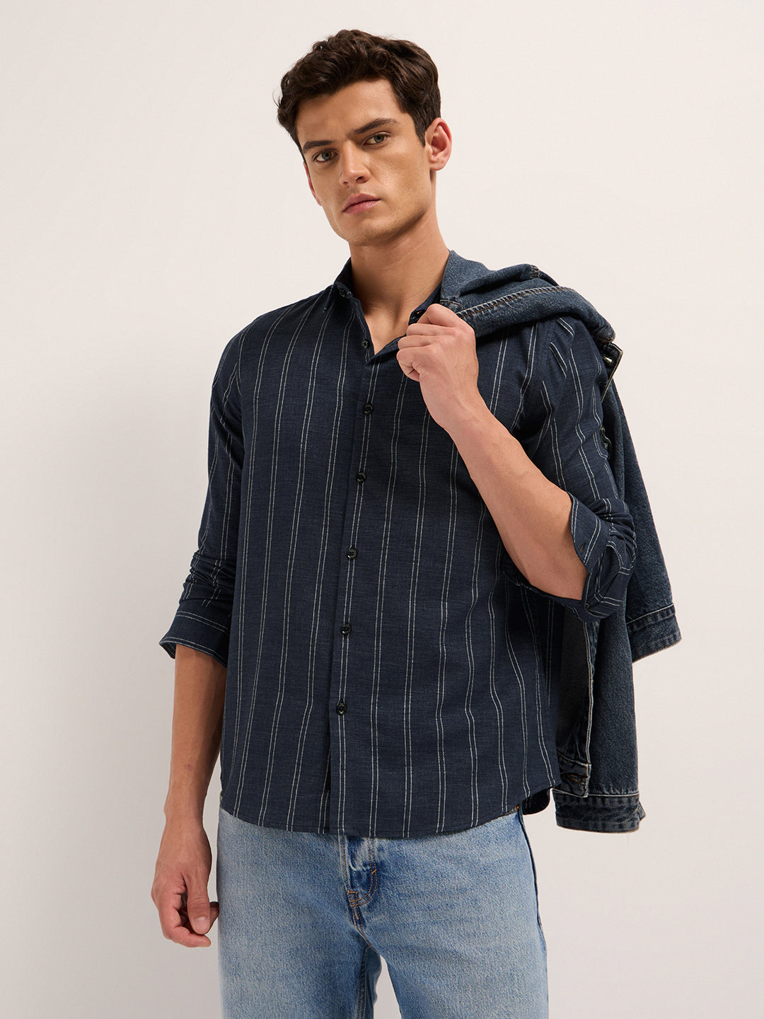 Dark Blue Vertical Stripes Slim Fit Casual Shirt