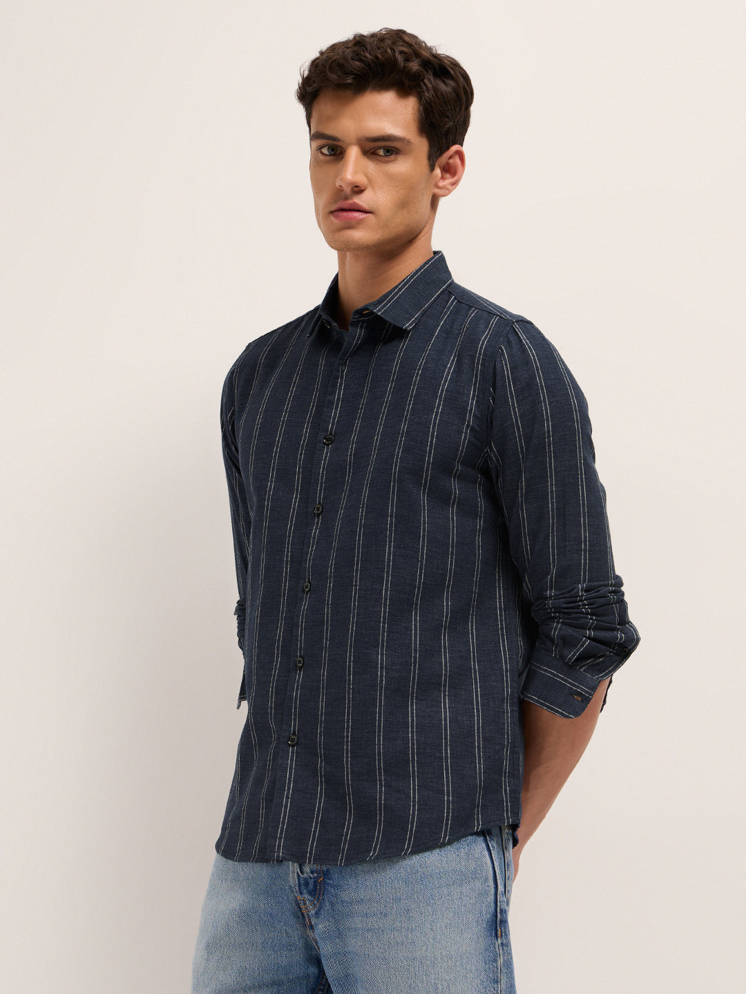 Dark Blue Vertical Stripes Slim Fit Casual Shirt