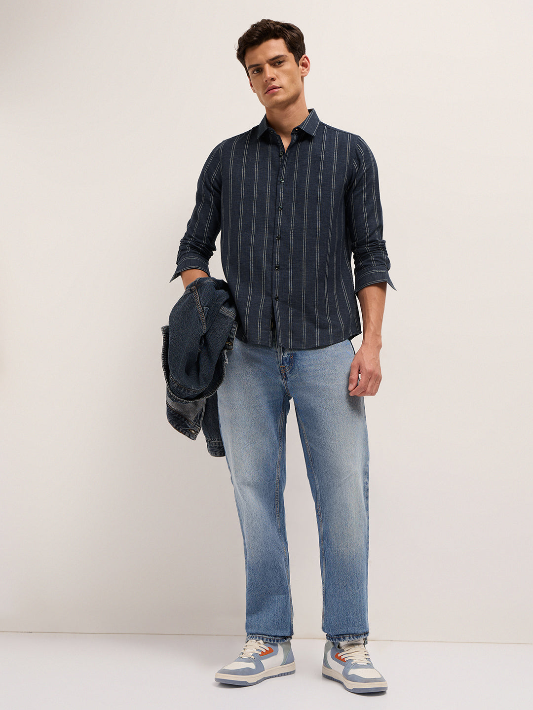 Dark Blue Vertical Stripes Slim Fit Casual Shirt