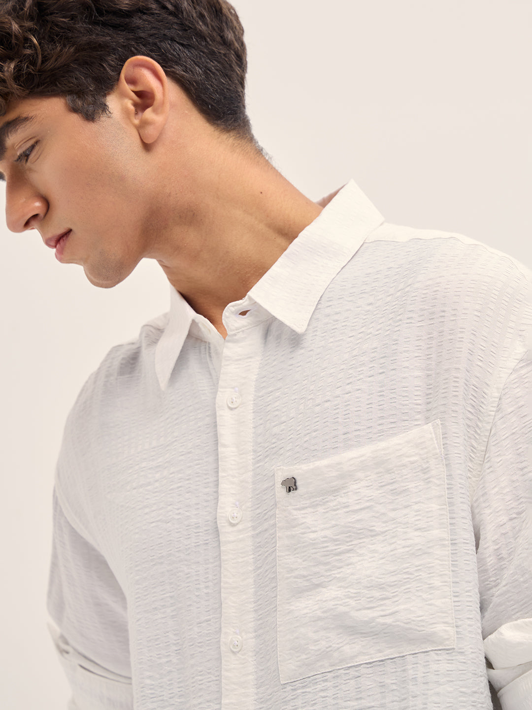 White Crinkled Stripe Textured Relaxed Fit Long Sleeve Shirt
