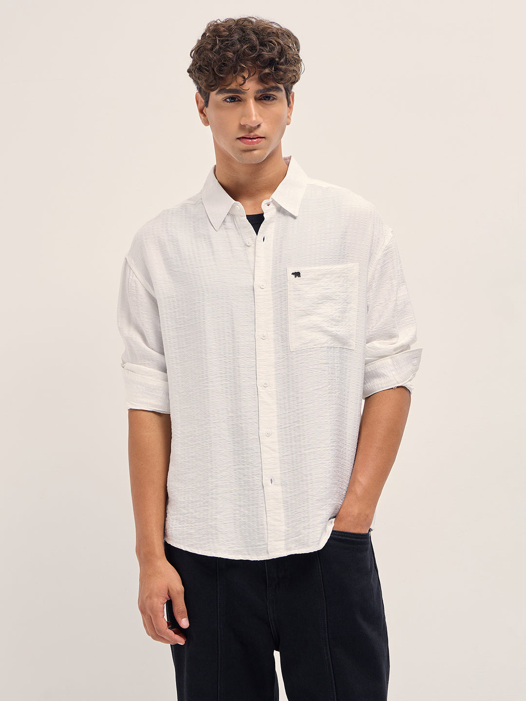 White Crinkled Stripe Textured Relaxed Fit Long Sleeve Shirt