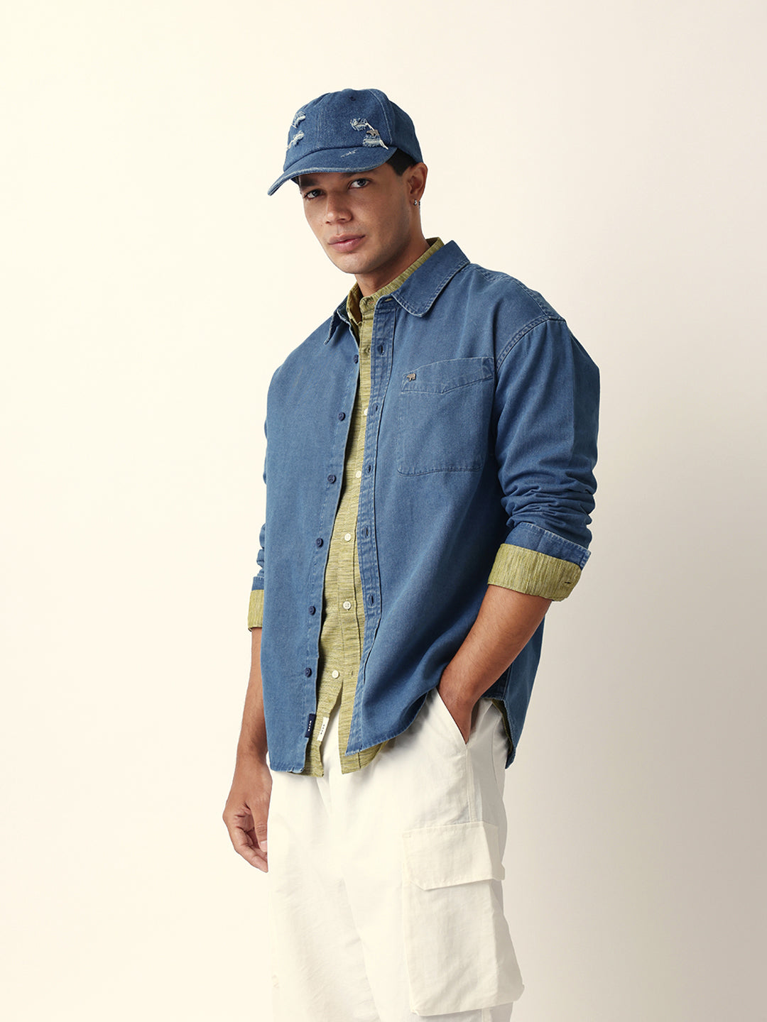 Blue Solid Denim Relaxed Fit Overshirt