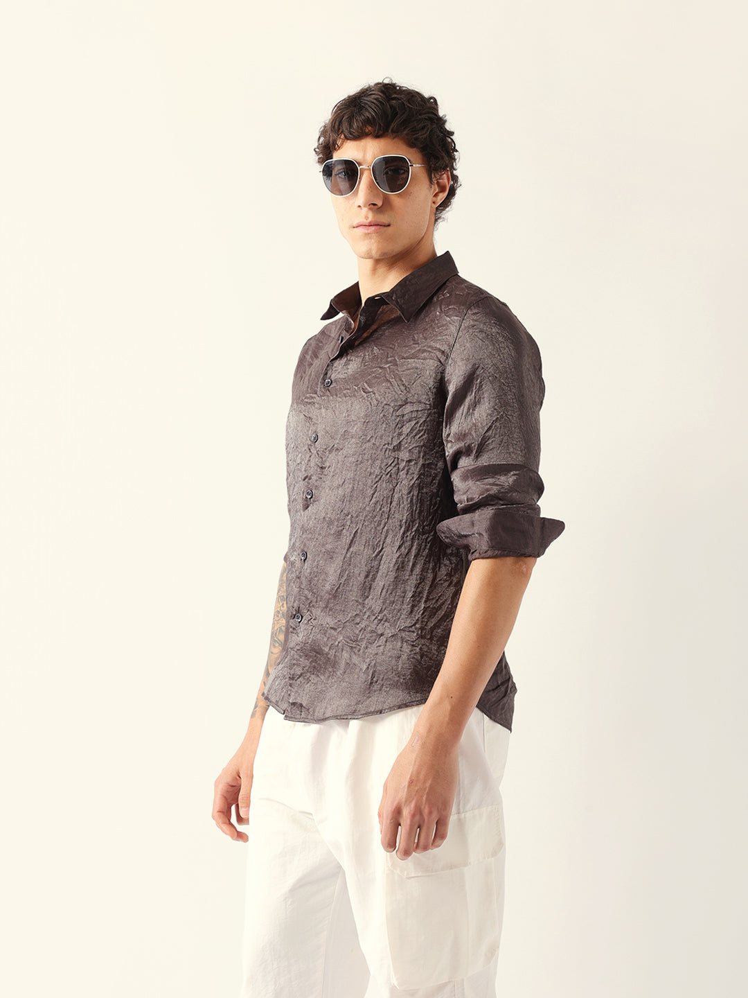 Grey Regular Fit Casual Shirt with Crinkle Effect & Subtle Sheen Finish