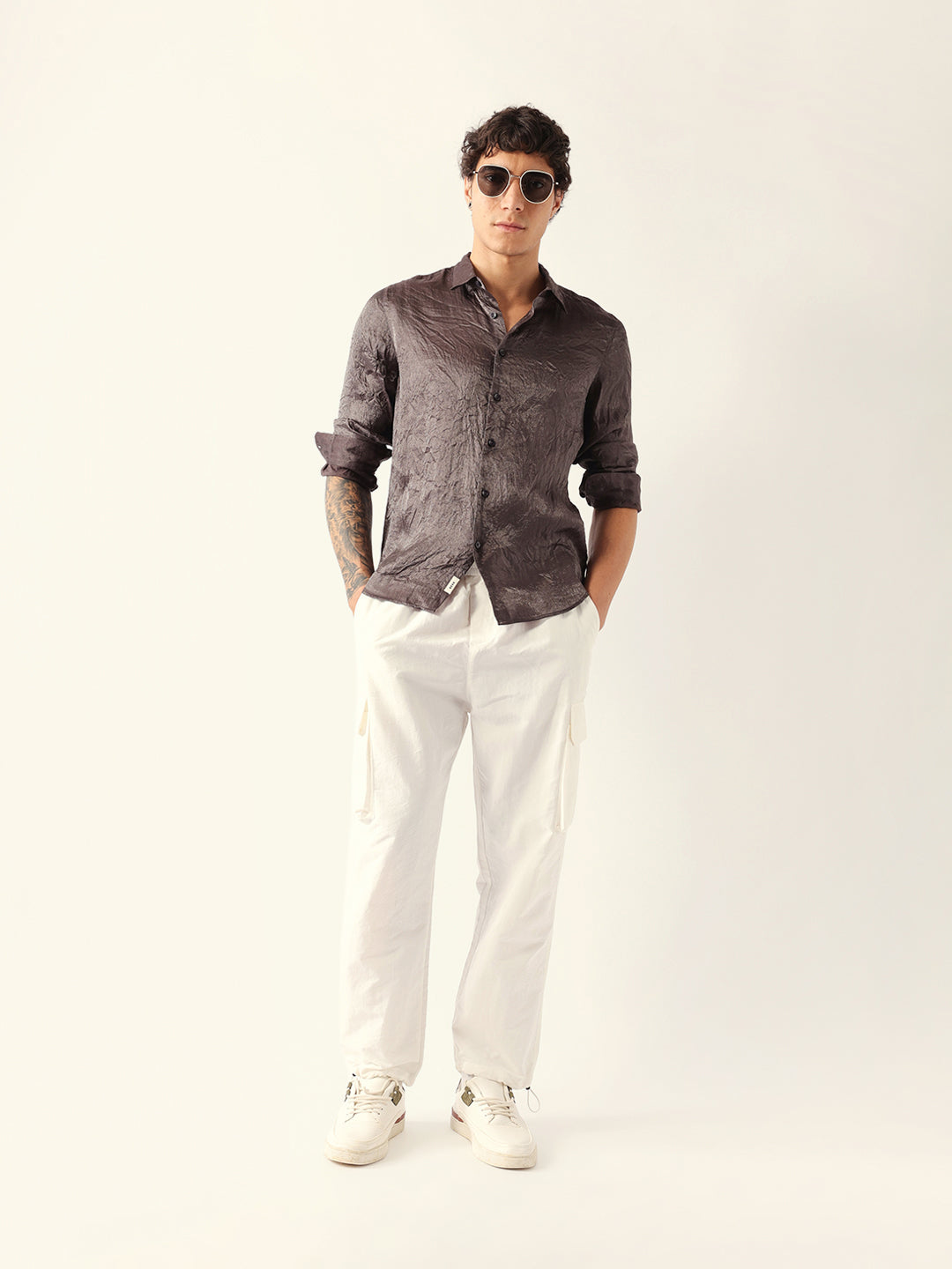 Grey Regular Fit Casual Shirt with Crinkle Effect & Subtle Sheen Finish