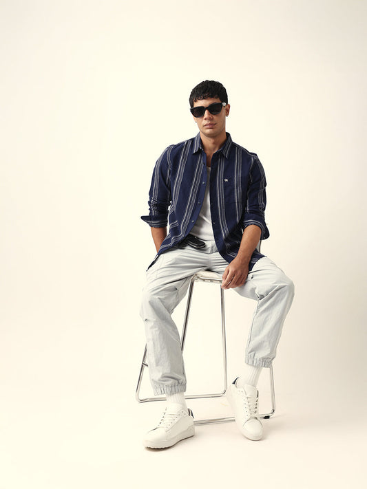 Blue Vertical Woven Stripe Slim Fit Casual Shirt