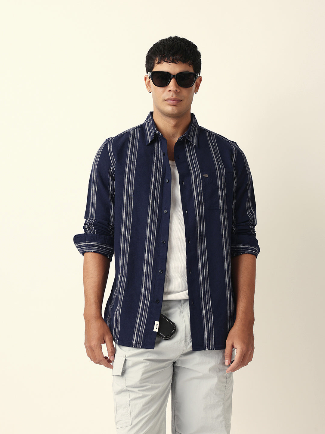 Blue Vertical Woven Stripe Slim Fit Casual Shirt