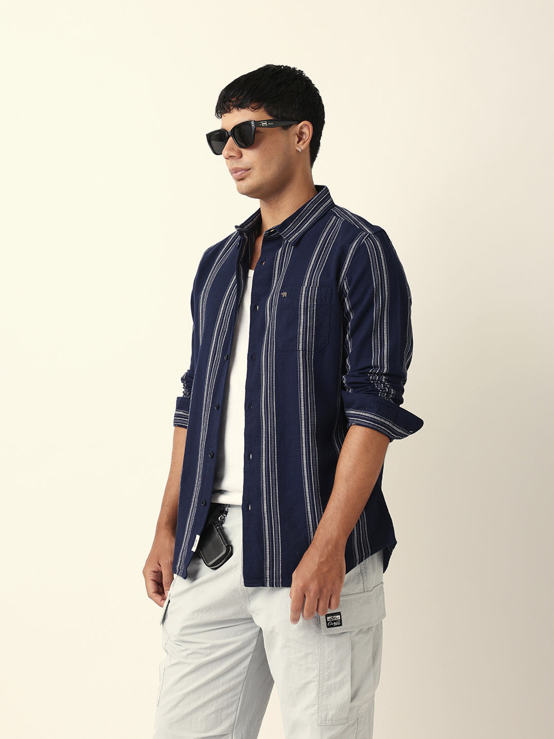 Blue Vertical Woven Stripe Slim Fit Casual Shirt