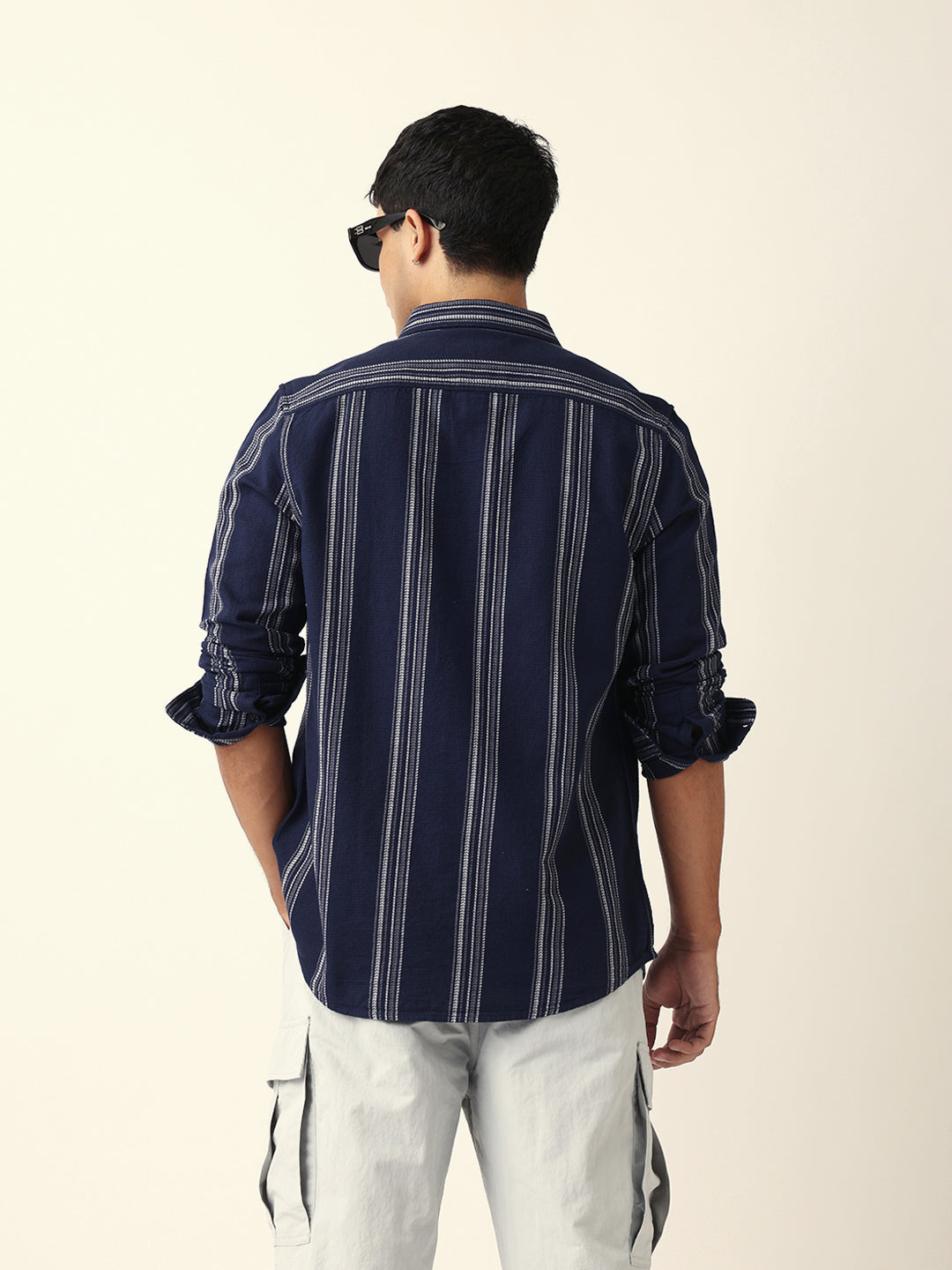 Blue Vertical Woven Stripe Slim Fit Casual Shirt