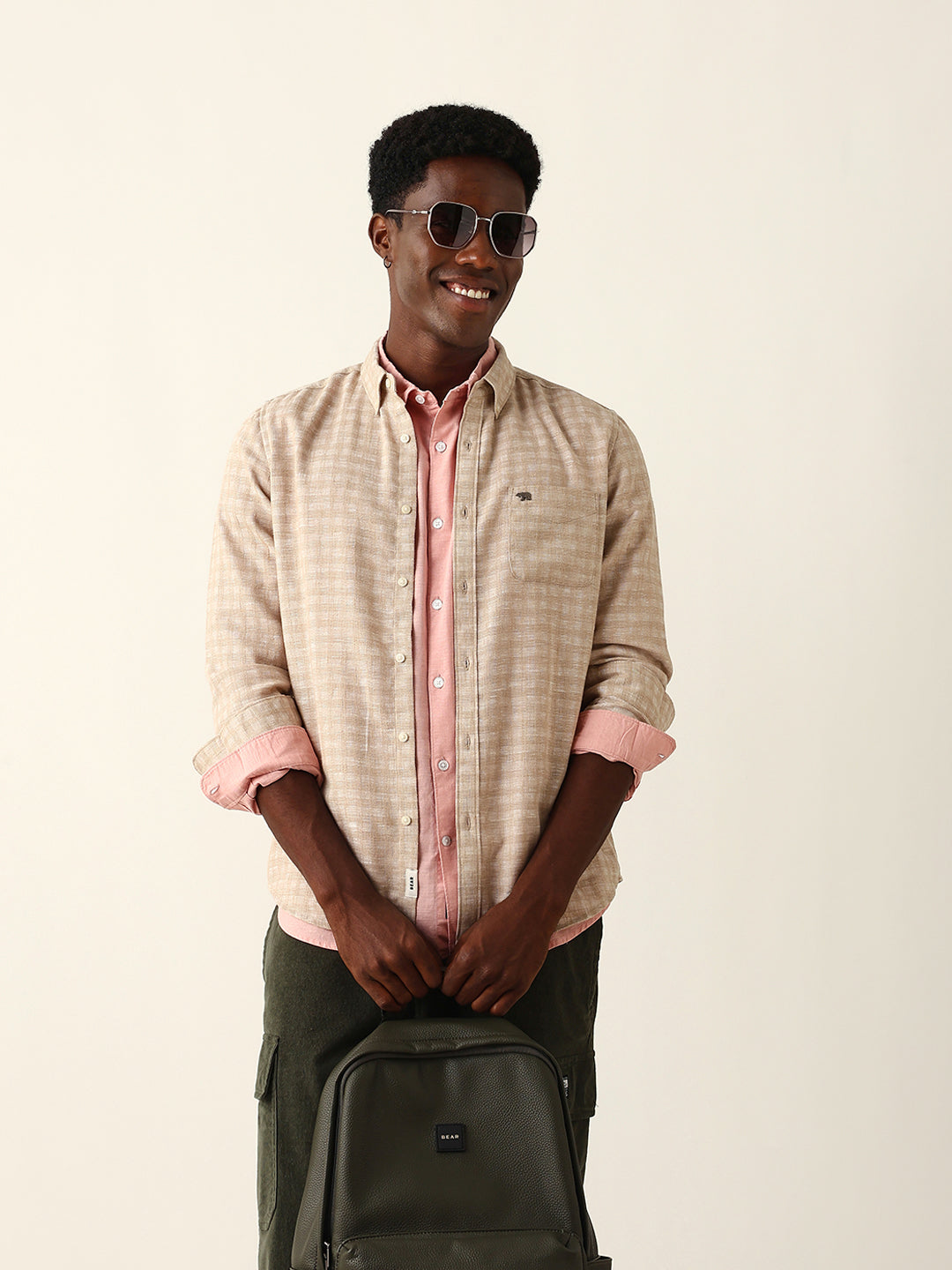 Beige Woven Micro Check Textured Slim Fit Casual Shirt