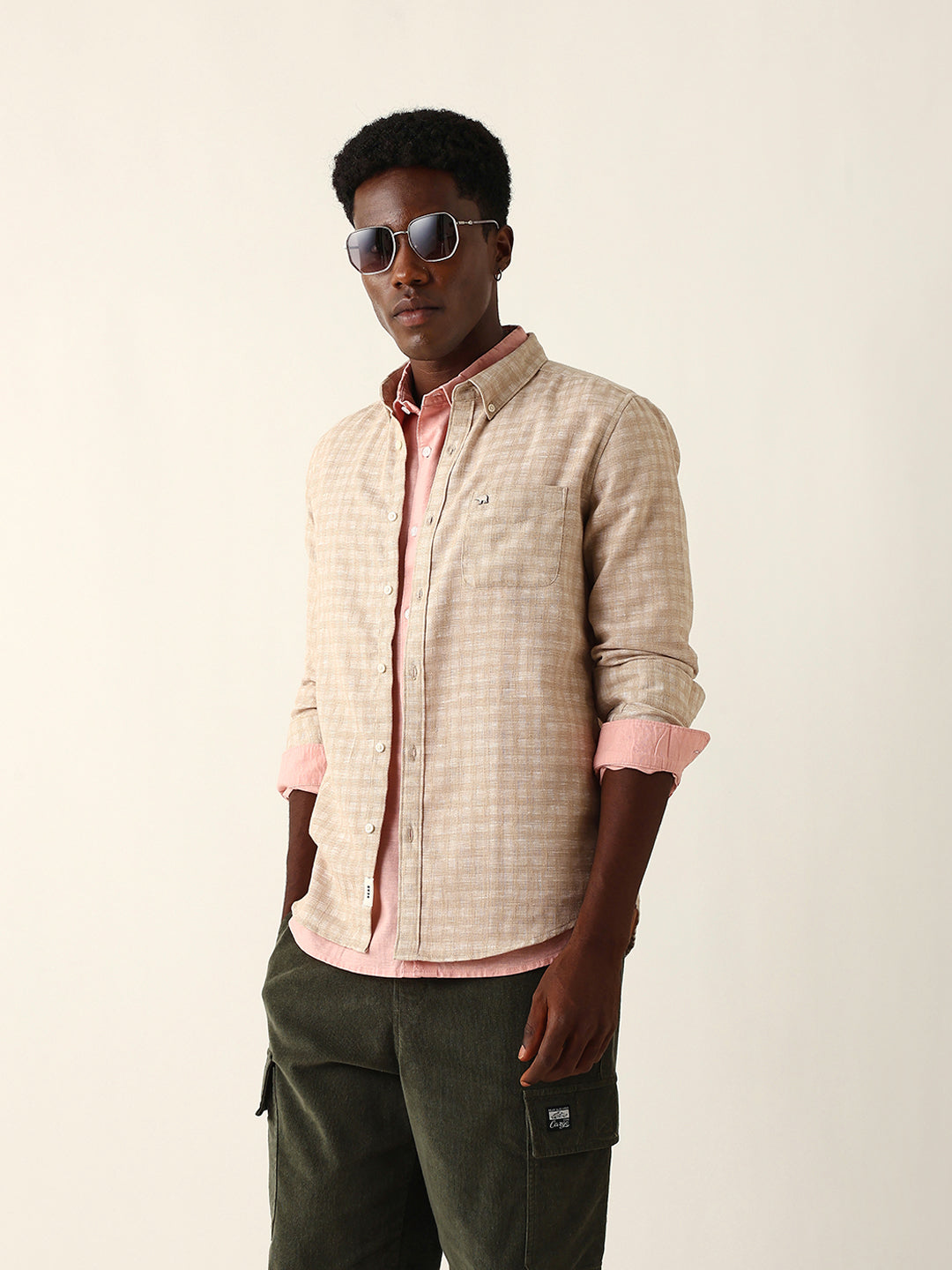 Beige Woven Micro Check Textured Slim Fit Casual Shirt