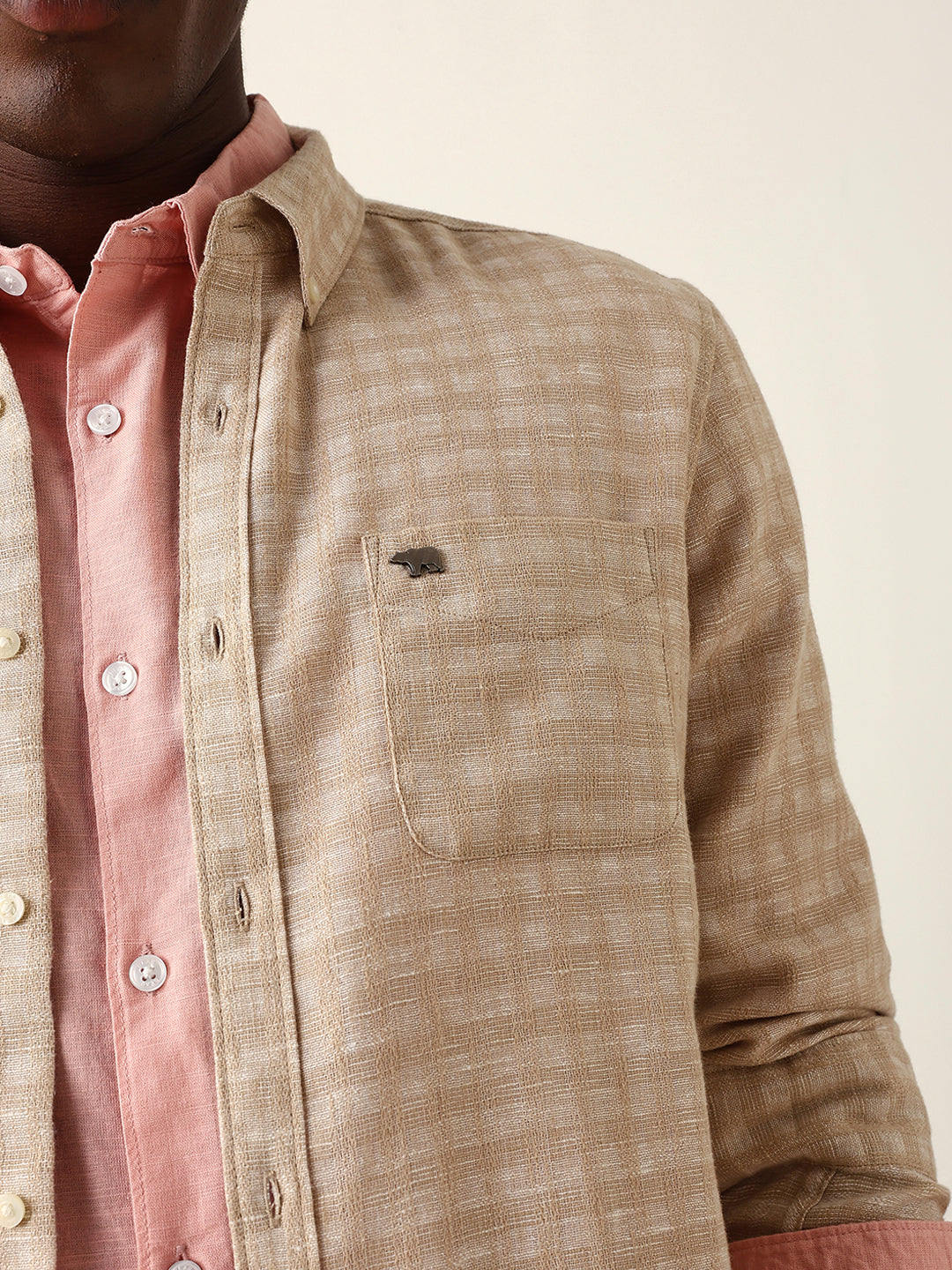 Beige Woven Micro Check Textured Slim Fit Casual Shirt