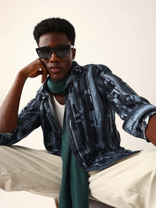 Blue Abstract Textured Printed Regular Fit Casual Shirt