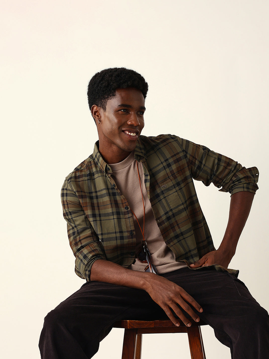 Olive Woven Tartan Checked Slim Fit Casual Shirt