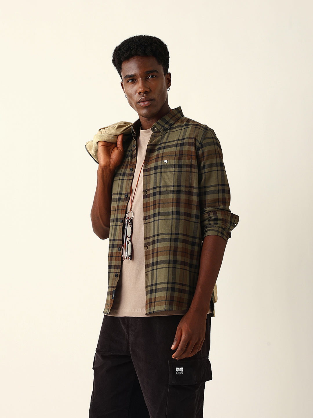 Olive Woven Tartan Checked Slim Fit Casual Shirt