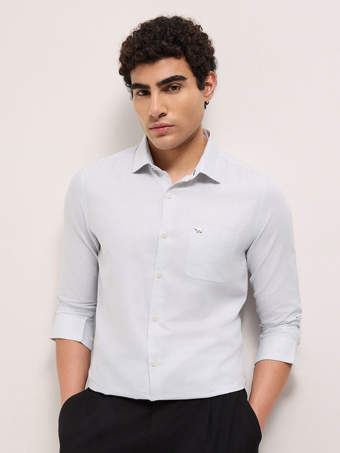 Grey Woven Checked Tailored Fit Formal Shirt