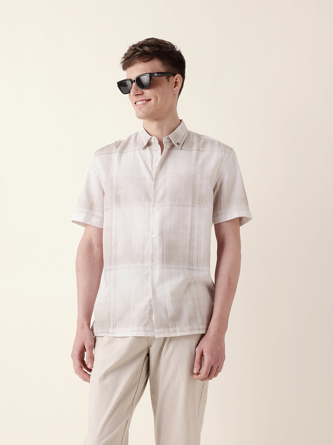 Cream Geometric Check Print Relaxed Fit Casual Shirt