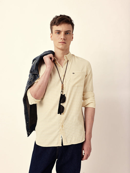 Yellow Woven Micro-Checked Slim Fit Casual Shirt