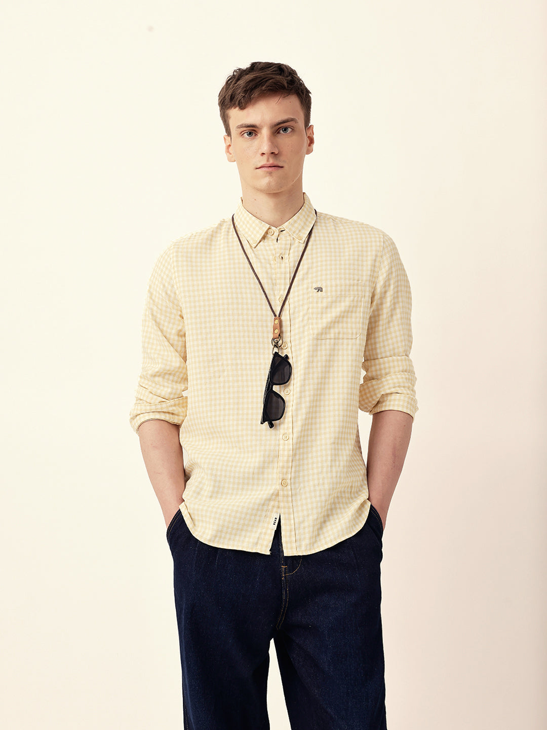 Yellow Woven Micro-Checked Slim Fit Casual Shirt