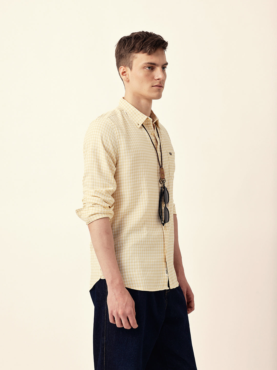 Yellow Woven Micro-Checked Slim Fit Casual Shirt