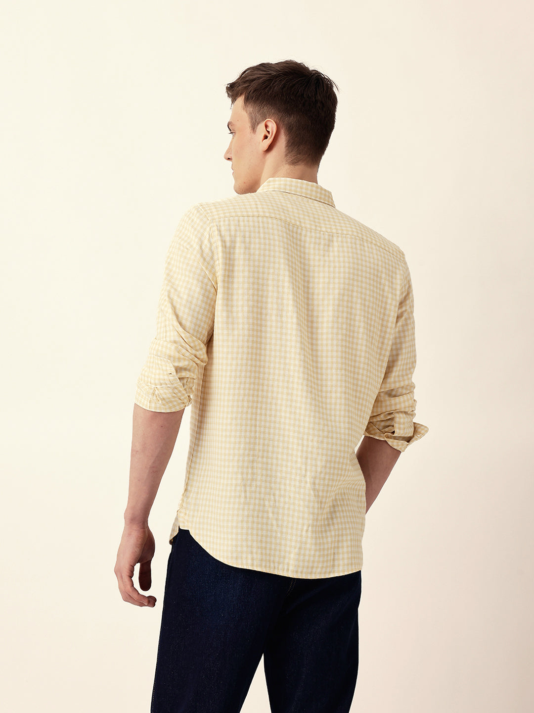Yellow Woven Micro-Checked Slim Fit Casual Shirt