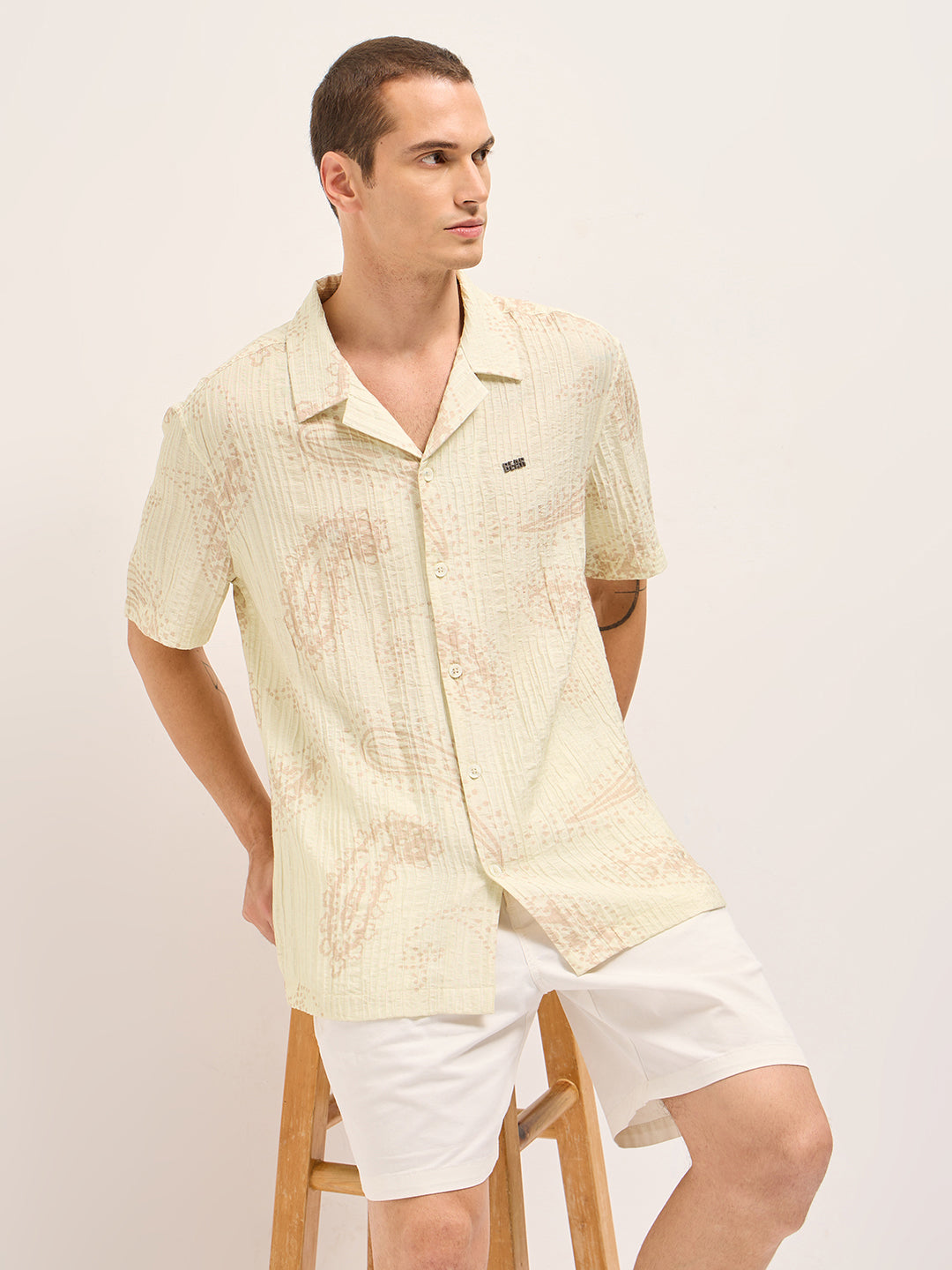Cream Viscose Paisley Print Relaxed Fit Cuban Collar Shirt