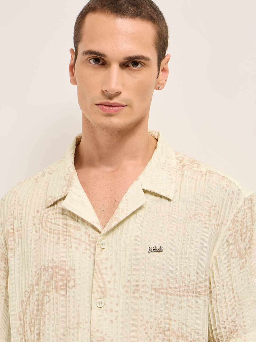 Cream Viscose Paisley Print Relaxed Fit Cuban Collar Shirt