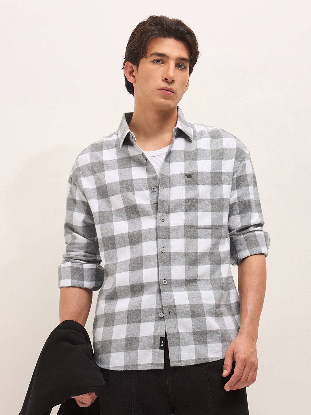 Grey & White Woven Block Checks Flannel Relaxed Fit Casual Shirt