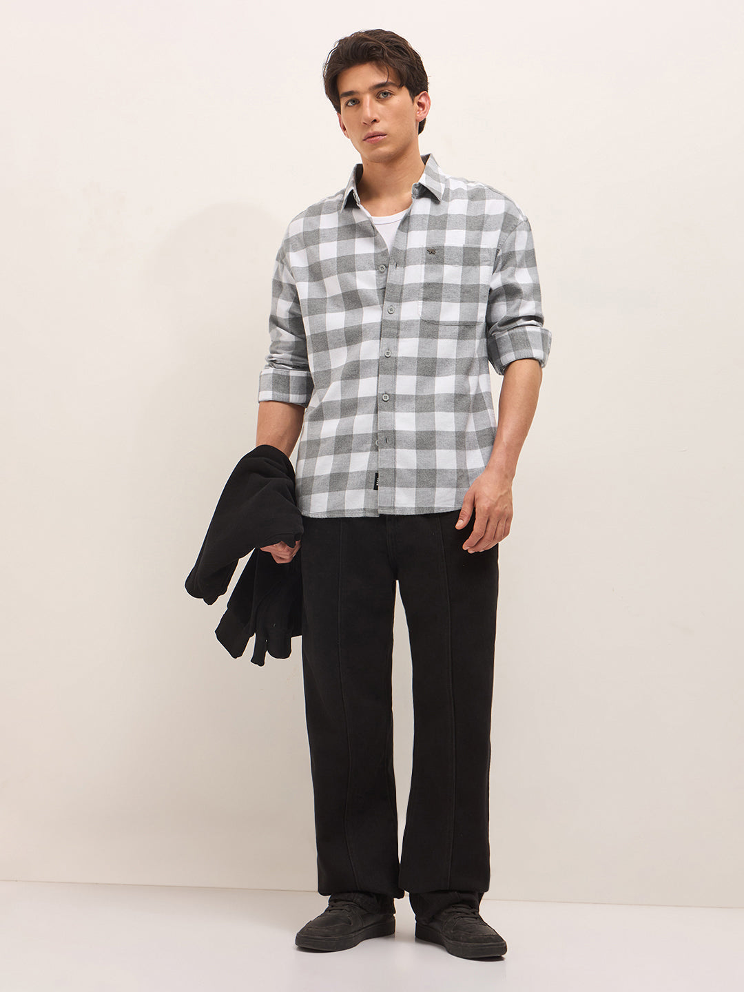 Grey & White Woven Block Checks Flannel Relaxed Fit Casual Shirt