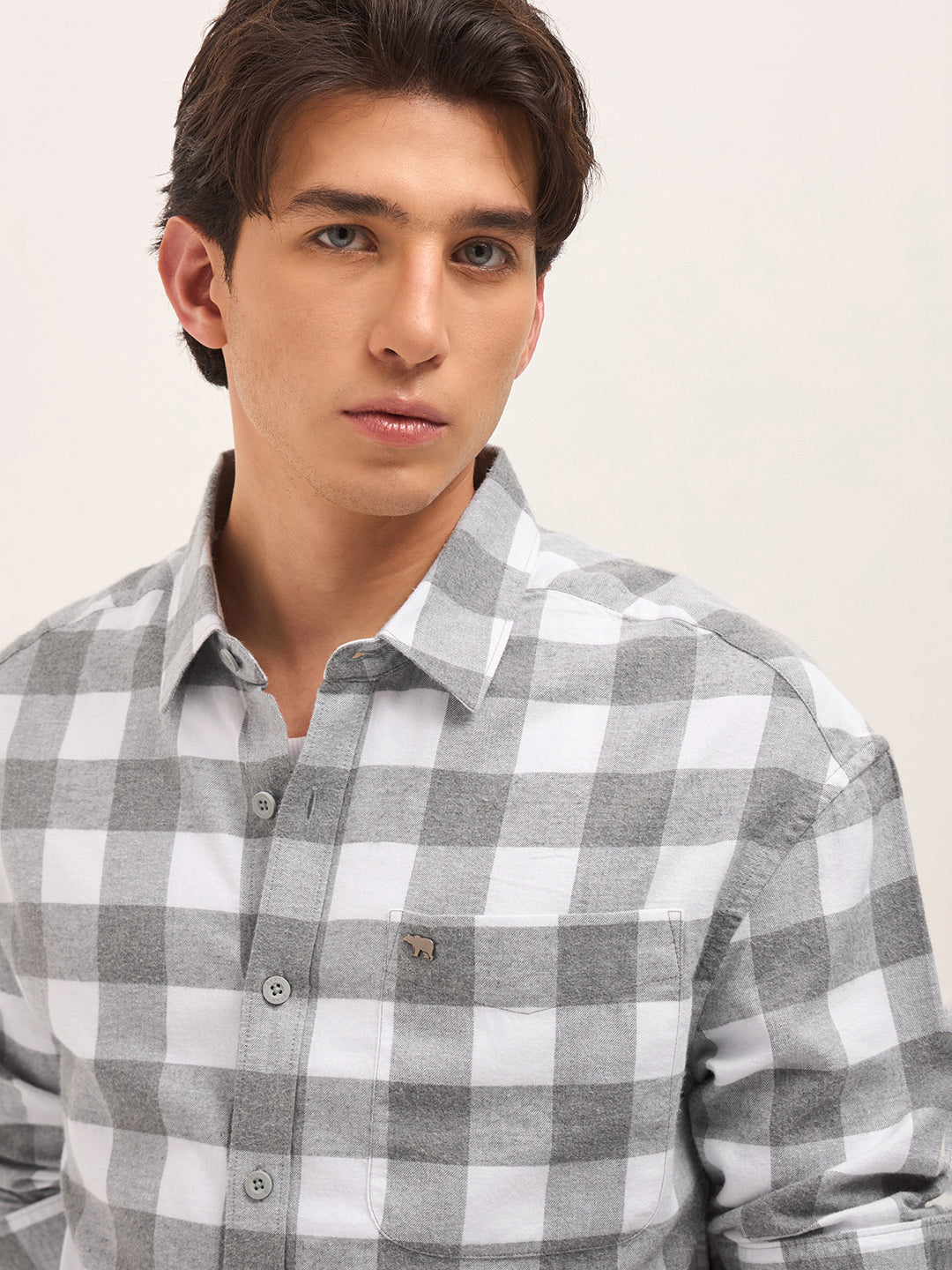 Grey & White Woven Block Checks Flannel Relaxed Fit Casual Shirt