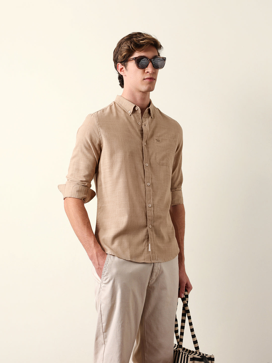 Beige Slub-Textured Woven Slim Fit Casual Shirt