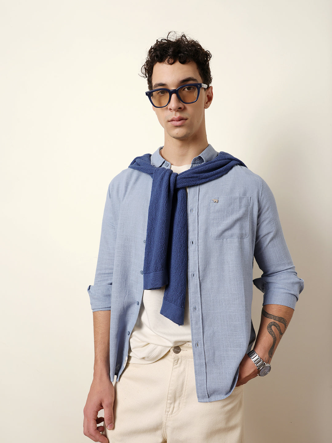 Blue Slub-Textured Woven Slim Fit Casual Shirt