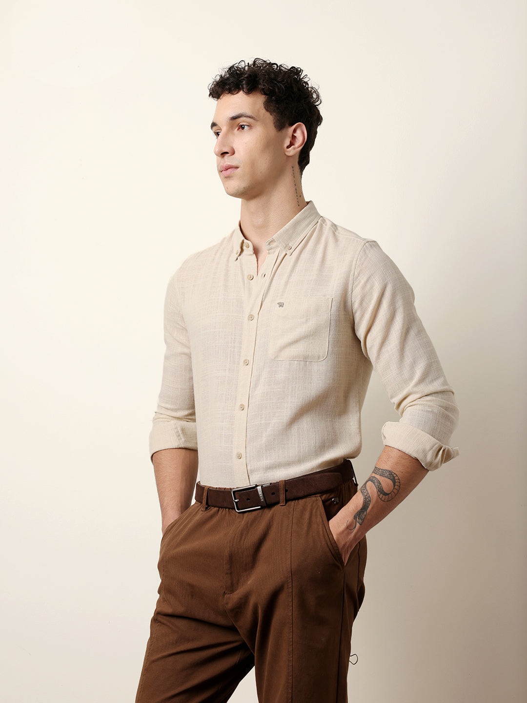 Cream Slub-Textured Woven Slim Fit Casual Shirt