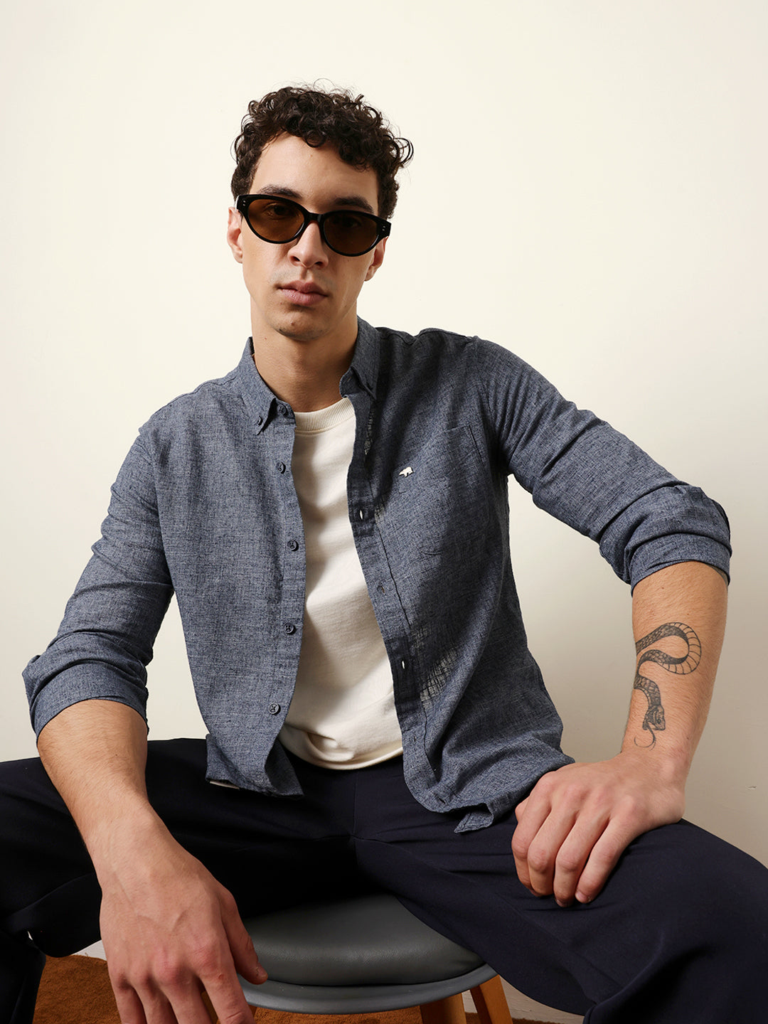 Dark Blue Slub-Textured Woven Slim Fit Casual Shirt