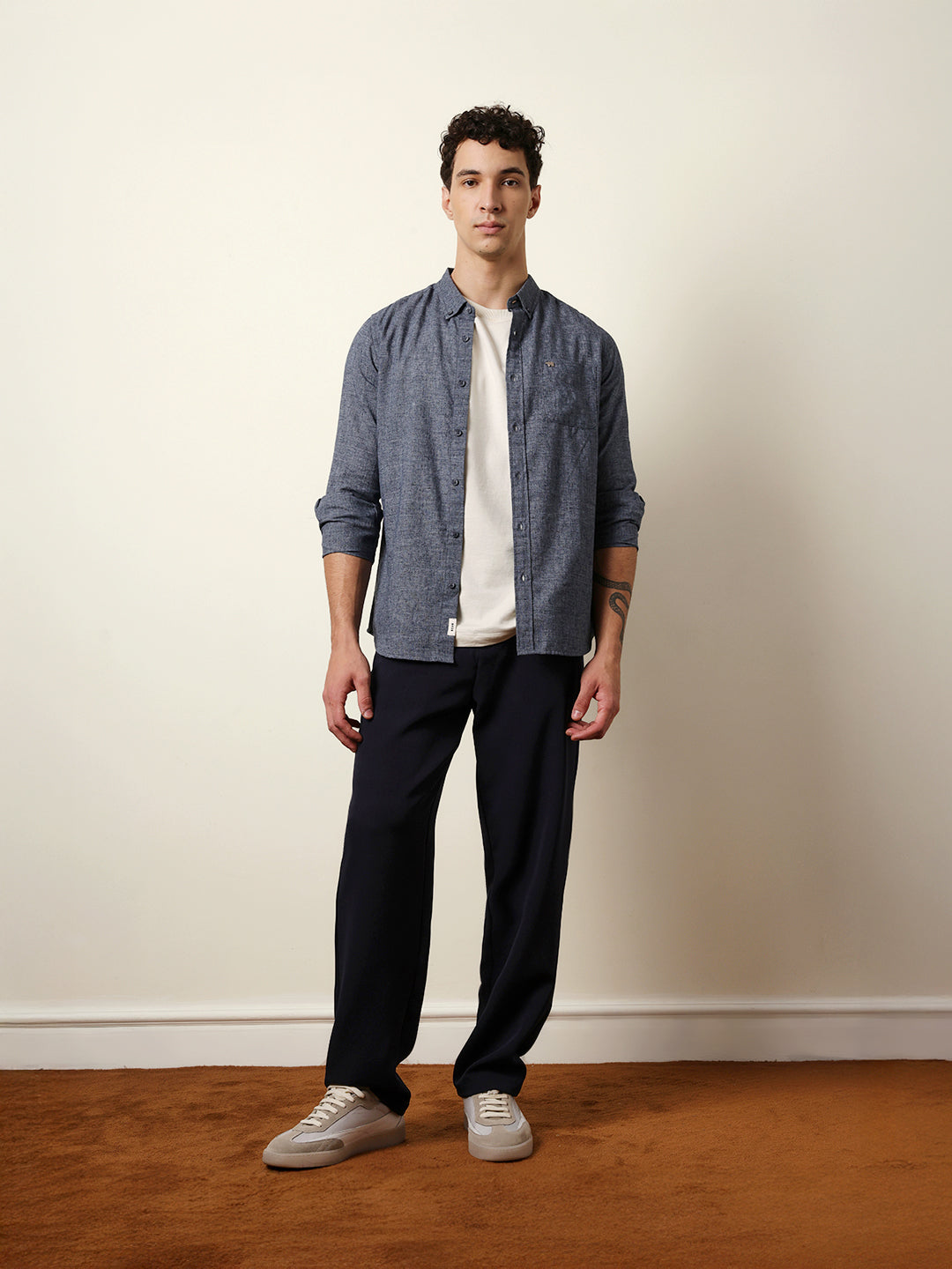 Dark Blue Slub-Textured Woven Slim Fit Casual Shirt