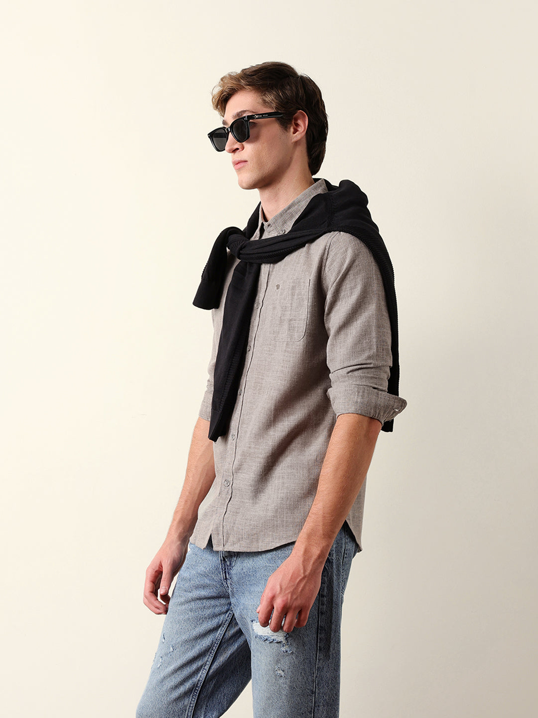 Grey Slub-Textured Woven Slim Fit Casual Shirt
