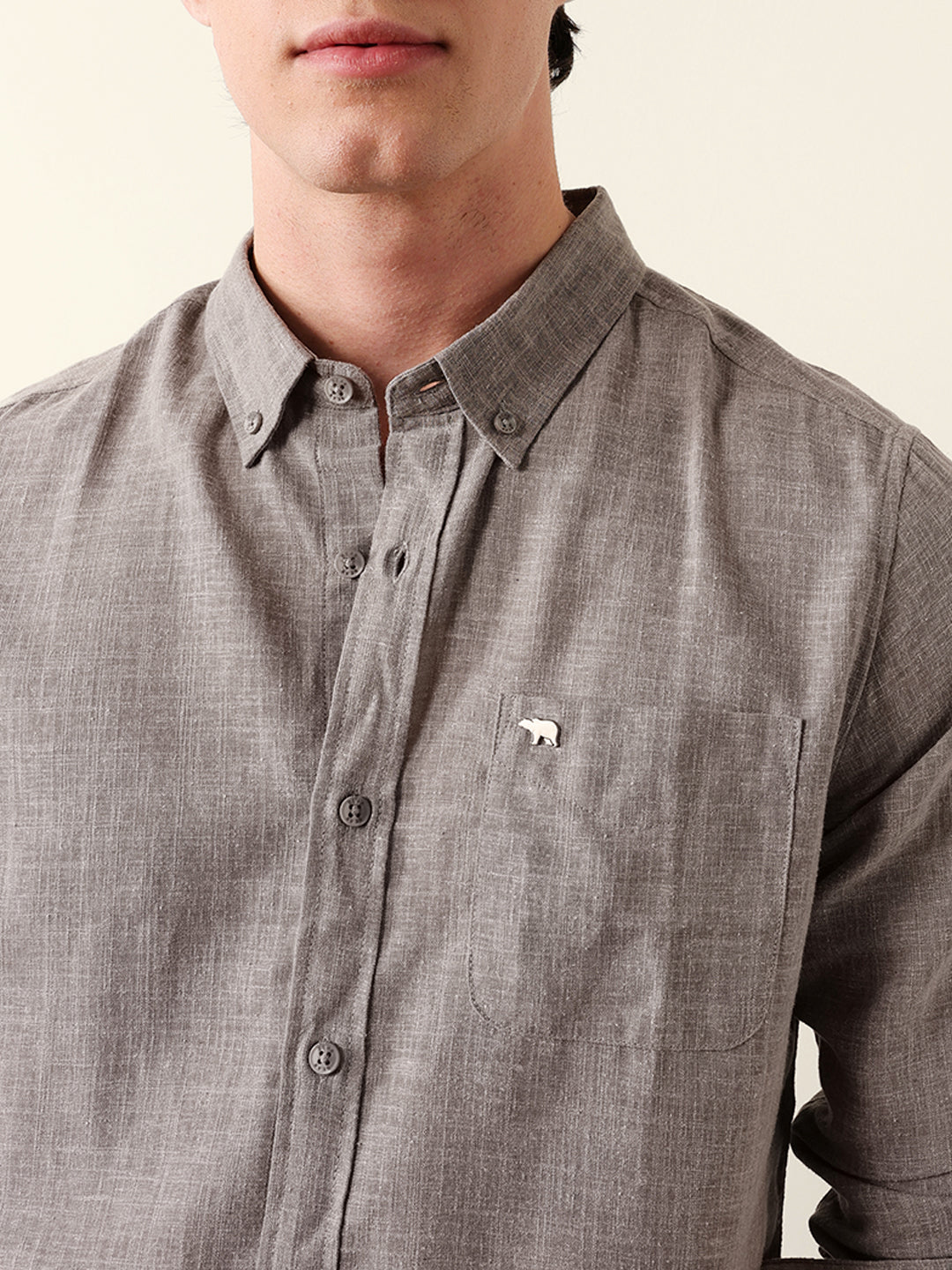 Grey Slub-Textured Woven Slim Fit Casual Shirt