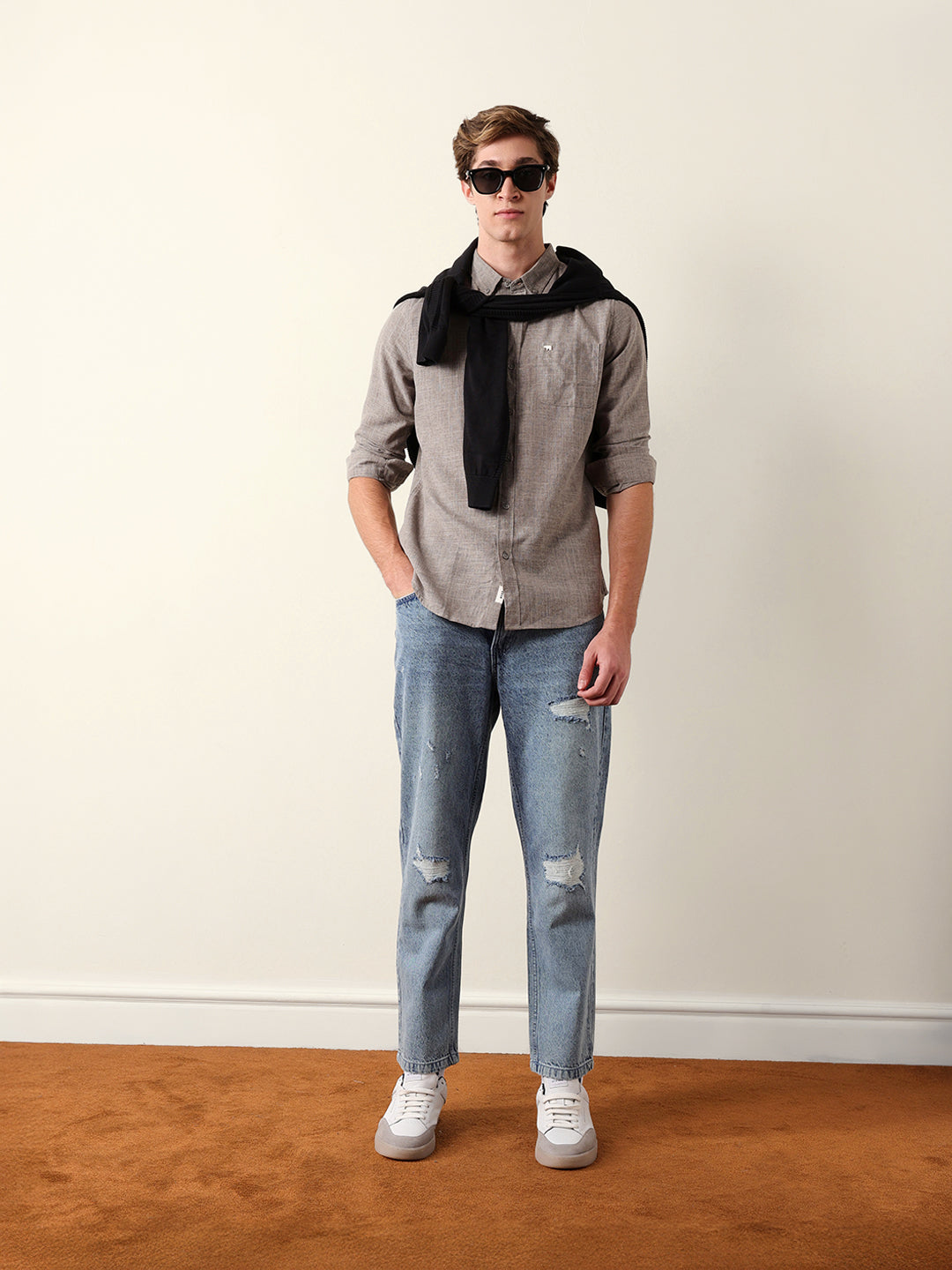 Grey Slub-Textured Woven Slim Fit Casual Shirt