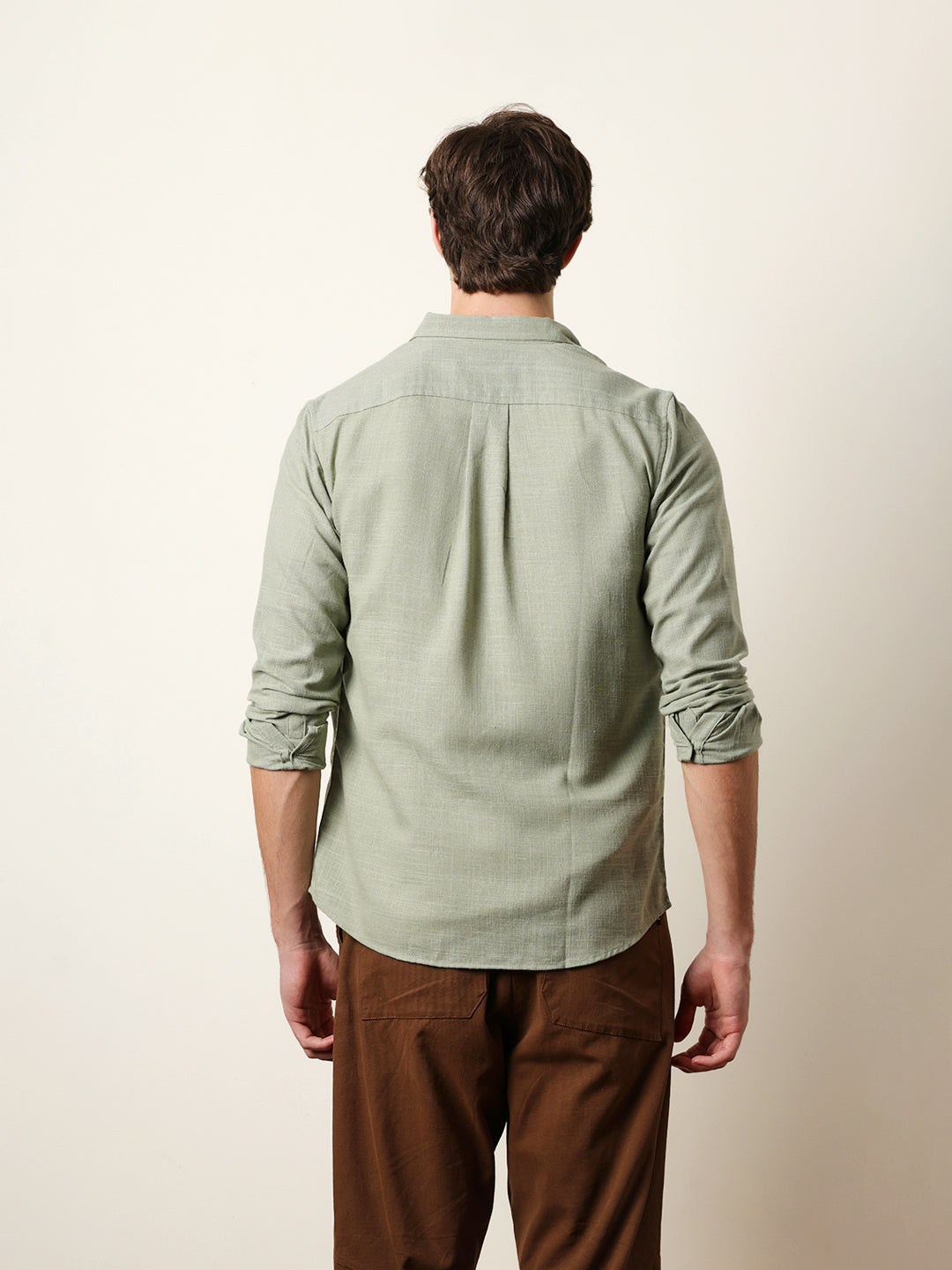 Light Green Slub-Textured Woven Slim Fit Casual Shirt