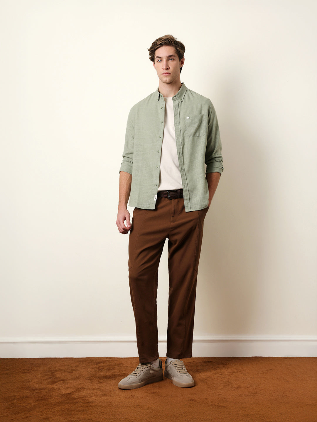 Light Green Slub-Textured Woven Slim Fit Casual Shirt