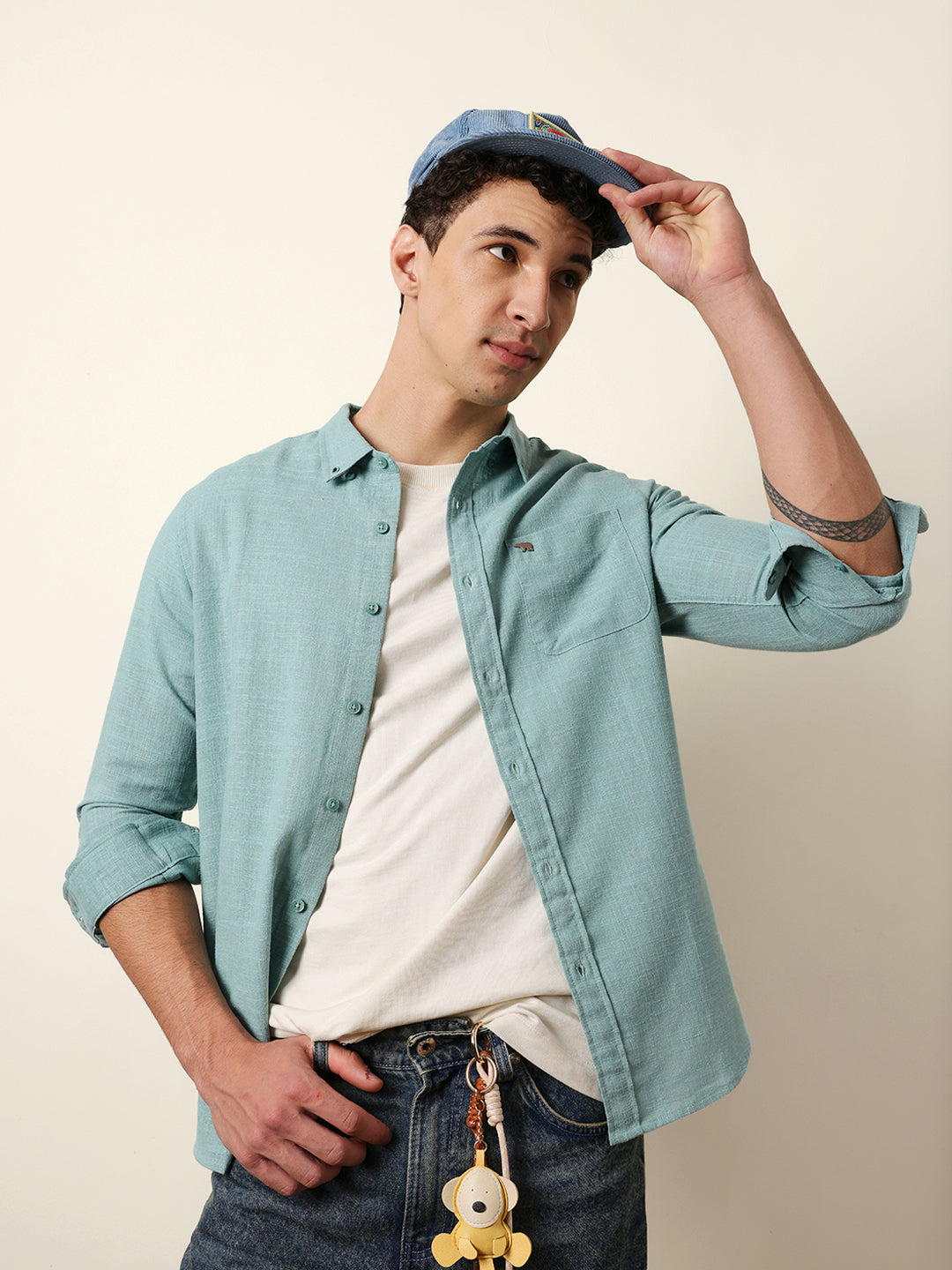 Teal Slub-Textured Woven Slim Fit Casual Shirt