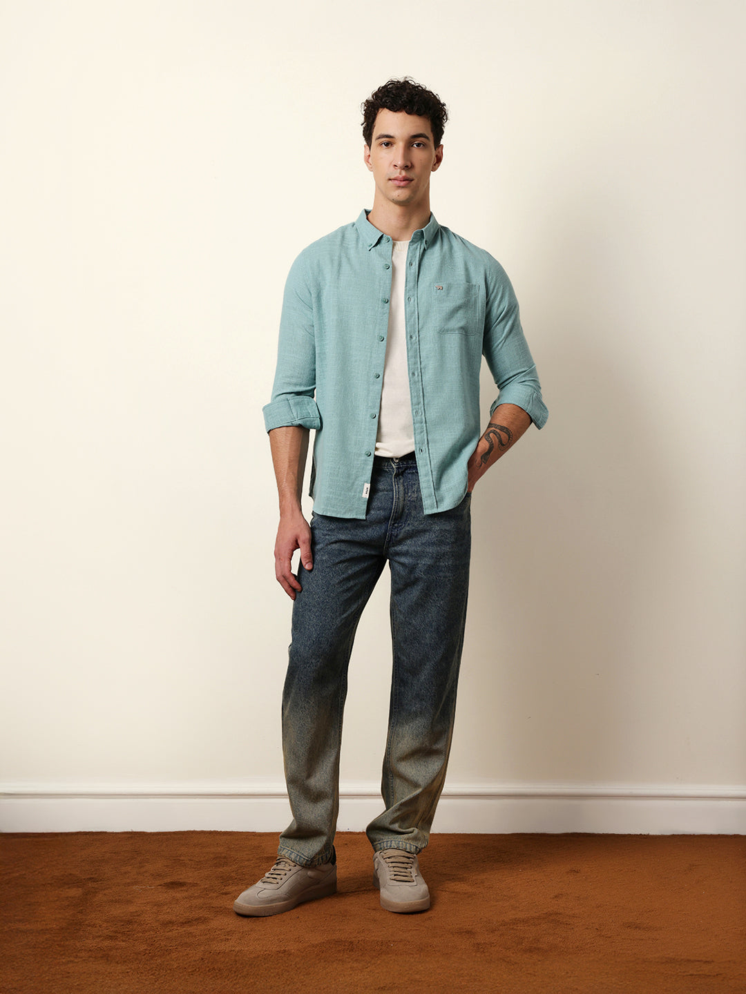 Teal Slub-Textured Woven Slim Fit Casual Shirt