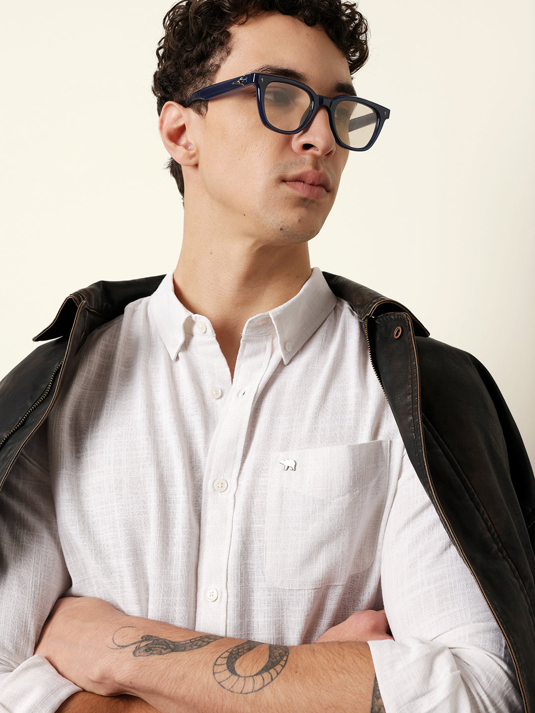 White Slub-Textured Woven Slim Fit Casual Shirt