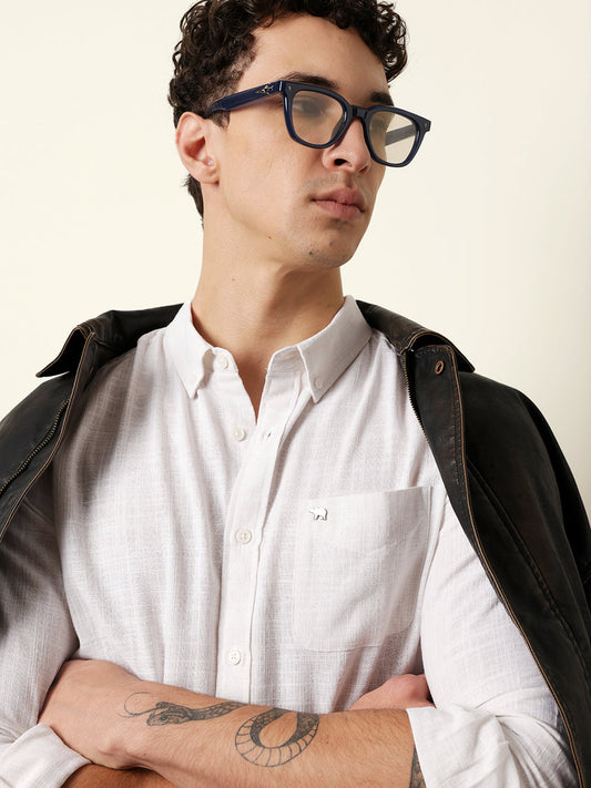 White Slub-Textured Woven Slim Fit Casual Shirt