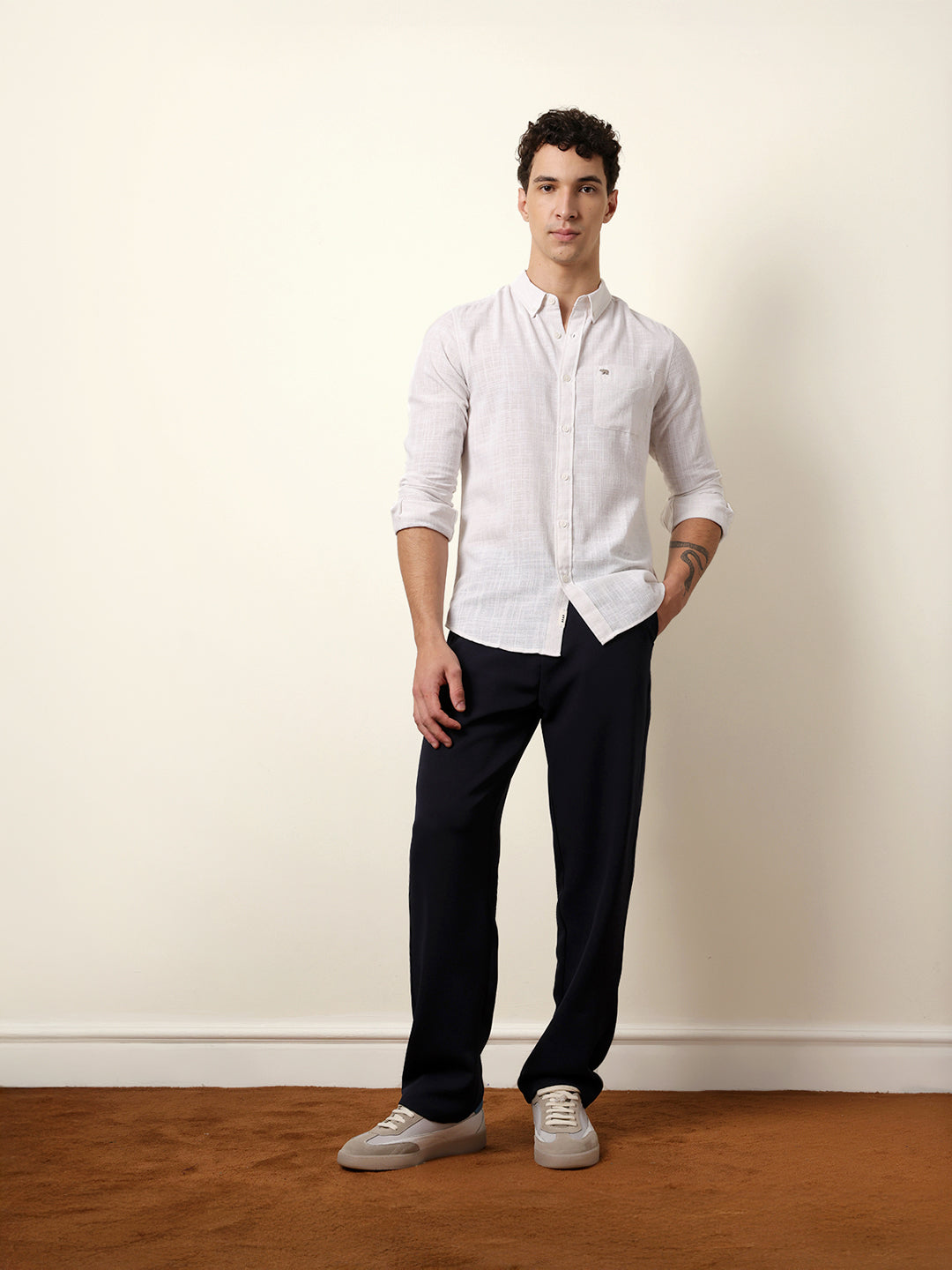 White Slub-Textured Woven Slim Fit Casual Shirt
