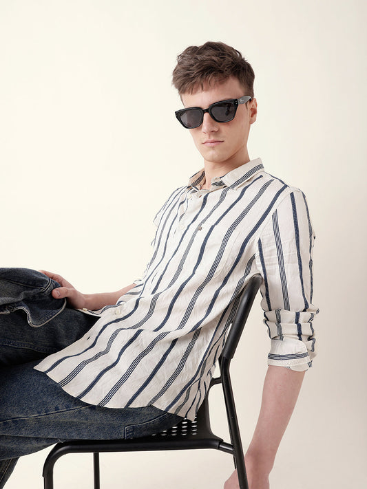 Blue & Cream Vertical Woven Stripe Slim Fit Casual Shirt