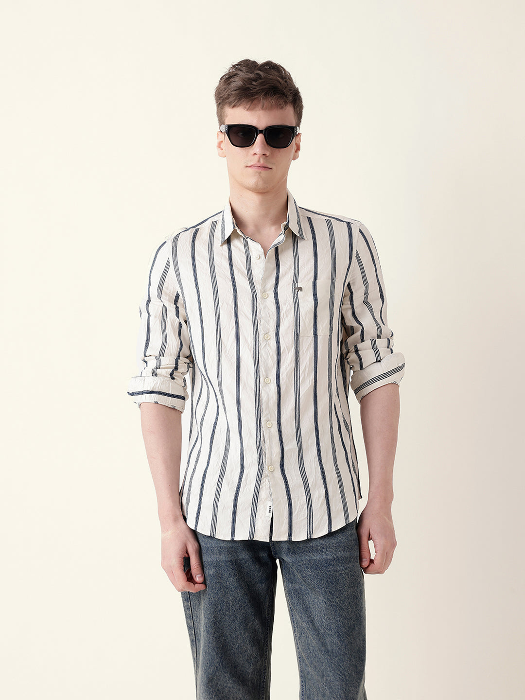 Blue & Cream Vertical Woven Stripe Slim Fit Casual Shirt