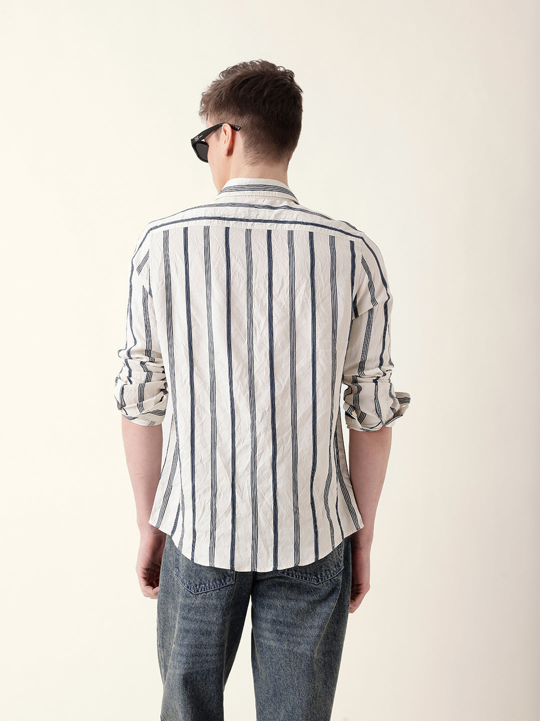 Blue & Cream Vertical Woven Stripe Slim Fit Casual Shirt