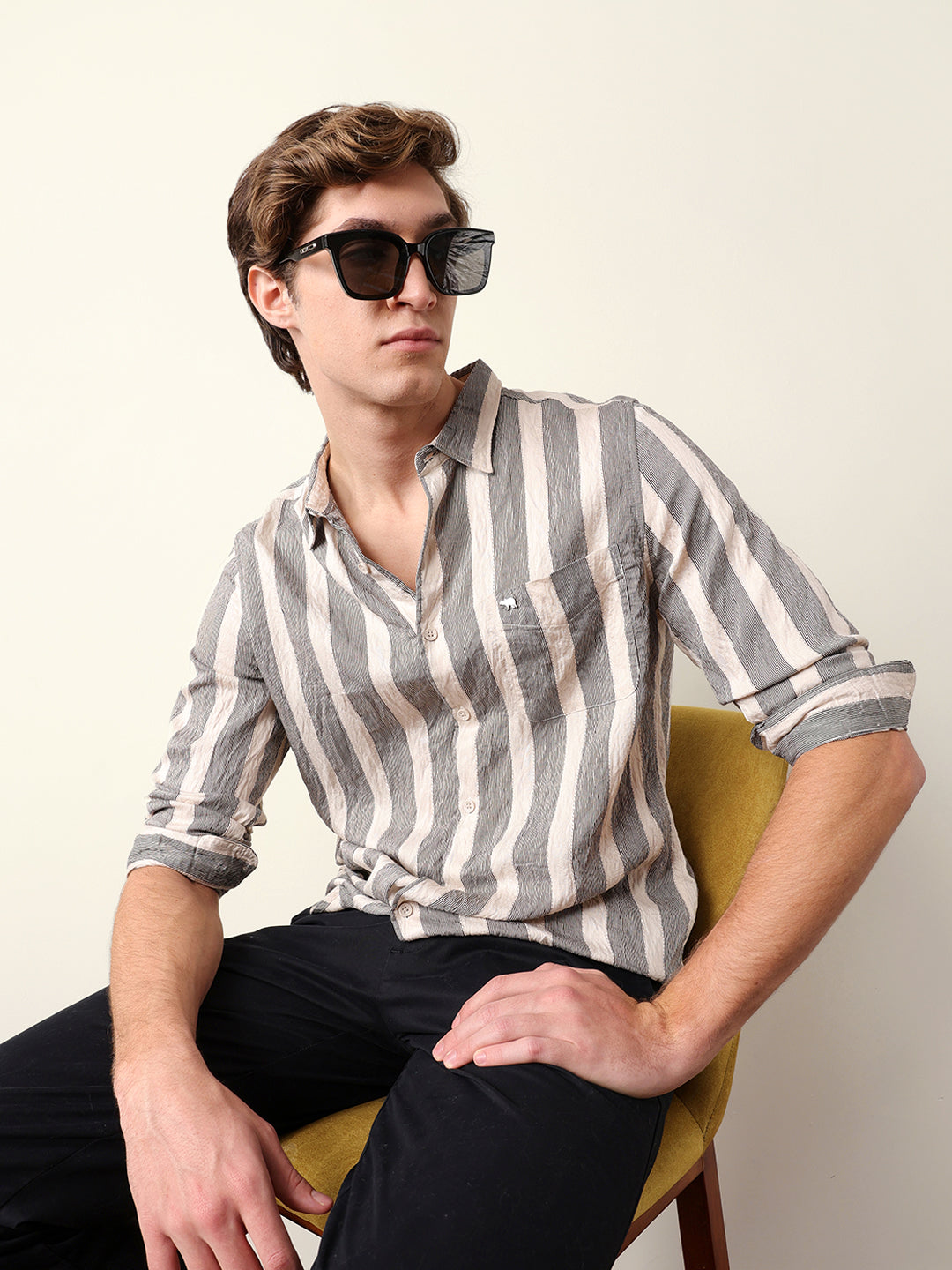 Beige Regular Fit Vertical Crinkle Stripe Casual Shirt